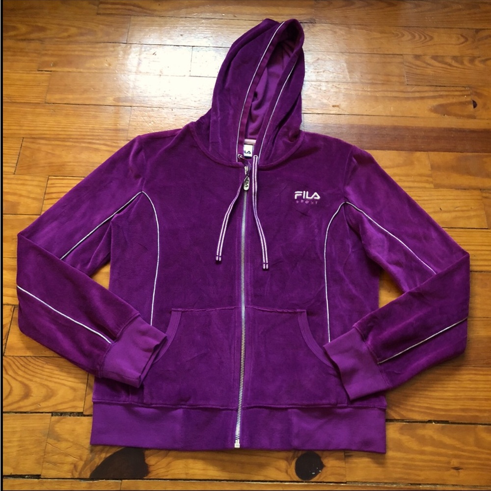 EUC Retro 90s Hooded FILA Purple Velour Zip Up Track Jacket